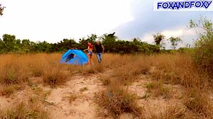 A hot and steamy scene of a woman being taken by a man in the woods after a camping trip