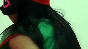 Celebrating christmas in costume, taking off clothes while dancing on the desk