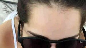 debora performs a deep throat blowjob outdoors