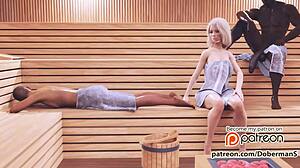 Cheating wife gets a hot creampie in a steamy sauna scene