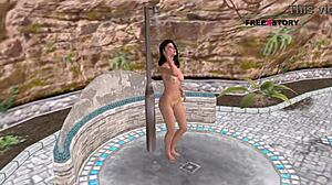 wow, this animated 3d porn shows a cute girl in sexy poses and showering near the pool!