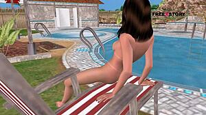 Cute Girl Masturbates With Bottle By Pool.