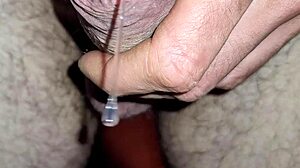 rainy day masturbation reveals brilliant drops of precum on cock. close up view.