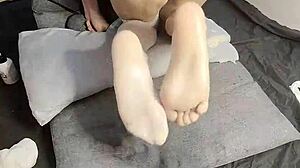 Skinny gay boy's foot fetish and big cock tease