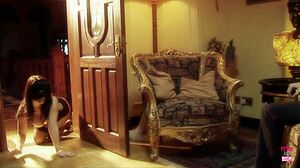 a little 18+ masked brunette kitty plays with big toy