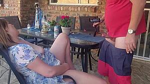 Mutual masturbation got wild when I caught my friend's wife fingering on the patio and joined her!