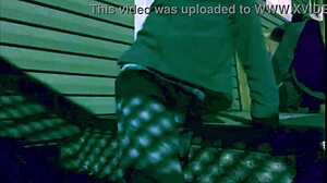 Time lapse stop frame stretch against steps at night with lattice shadow ass and legs effect