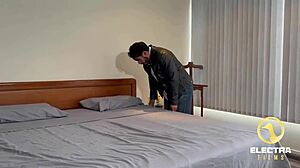 Two petite horny Latinas intensely ride their stepfather in cowgirl.