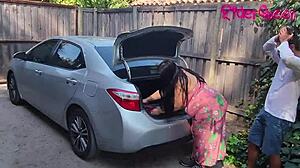 stepmom cougar seduces young 18+ man outdoors in the car, showing off her big tits and curvy body