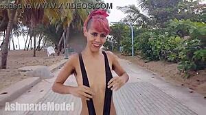 Hairy Micro Bikini Try-On Flashing Pussy in Public Spot