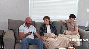 Step father catches twinks wanking, then joins the anal blowjob threesome with bareback assfucking!