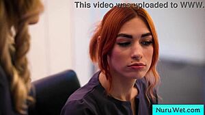 Blonde teen masseuse prepares client for nuru massage with Lauren Phillips and David Lee