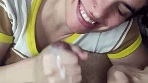 Licking cum from fingers in quickie blowjob and cumplay session.