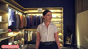 Jeny Smith teases with blindfolded upskirt in a clothing store.