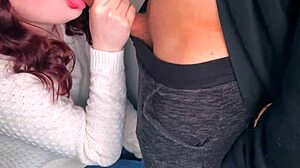 Pretty brunette gives public blowjob on balcony with cumshot