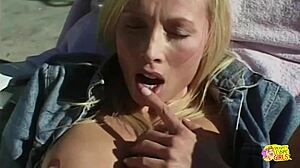 Blonde Plugs Girl's Pussy Doggystyle, Teases Asshole Outdoors