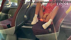 Hot woman flashes panties and gropes herself on a crowded bus