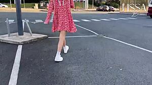 Hot woman flashes panties and gropes herself on a crowded bus