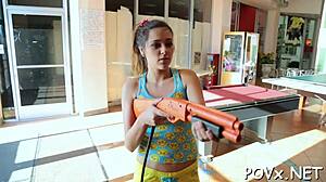 Tattooed mighty man uses his cock to fuck sexy nymph