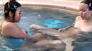 Tiny Tabby and her skinny lesbian friend swim and lick vaginas at the pool