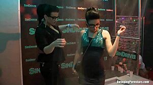 Lesbians have sex with hung club members in an orgy