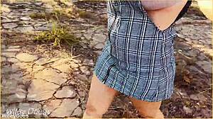 Wife forgets panties, showing shaved pussy upskirt.