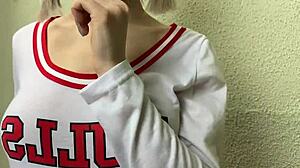 Horny blonde teases classmate until covered in cum on her big tits. What a mess!