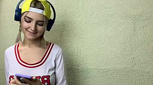 Horny blonde teases classmate until covered in cum on her big tits. What a mess!