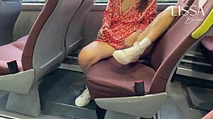 Hot woman flashes panties and gropes herself on a crowded bus
