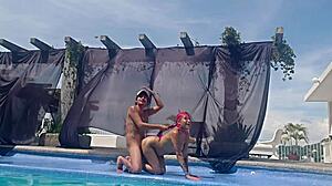 Latina cousin shows big ass at pool without swimsuit