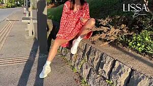 Hot woman flashes panties and gropes herself on a crowded bus