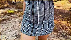 Wife forgets panties, showing shaved pussy upskirt.