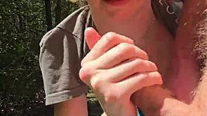 Wife sneaks quick handjob during walk with pierced nipples showing