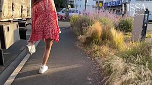 Hot woman flashes panties and gropes herself on a crowded bus