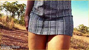 Wife forgets panties, showing shaved pussy upskirt.