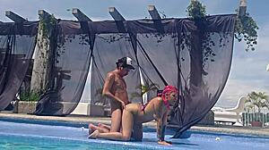 Latina cousin shows big ass at pool without swimsuit