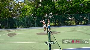 Tennis court encounter with mature Melanie Monroe and Oliver