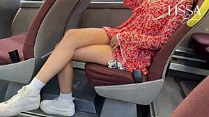 Hot woman flashes panties and gropes herself on a crowded bus