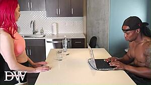 Redhead model struggles with massive black cock