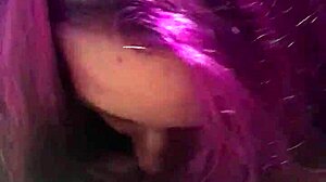 Purple-haired BBW sucks big cock until a mouthful. Her young curves grip every inch tight!