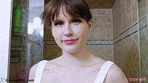 Alluring Blonde Girl Enjoys Refreshing Shower