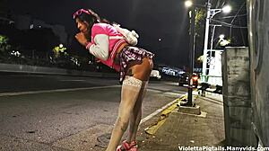 latina teen shows perfect body in miniskirt on cablebus.