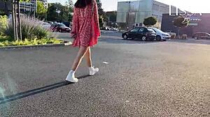 Hot woman flashes panties and gropes herself on a crowded bus