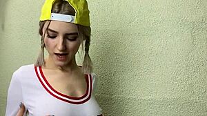 Horny blonde teases classmate until covered in cum on her big tits. What a mess!