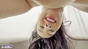 Latina brunette's curvy ass bounces as she squirts wet pussy during intense interracial sex