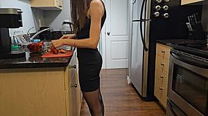 petite step sister in black dress banged hard in kitchen