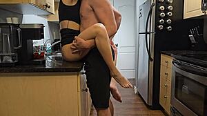 petite step sister in black dress banged hard in kitchen