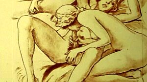 vintage erotic drawings featuring hairy antique figures in retro settings.