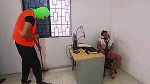 Janitor fucks horny secretary's tight pussy with blowjob.