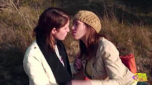 brunette friends turn picnic into strapon sex